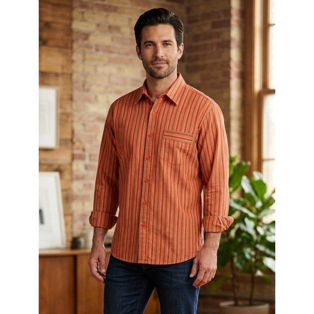 No Boundaries Striped Long Sleeve Button Down Shirt Men's L Orange Cotton Preppy